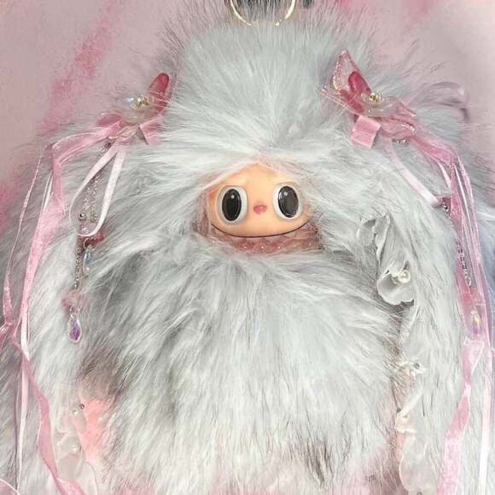 (34) Custom Handmade Labubu Plush Keychain - Grey Furry Monster with Accessories